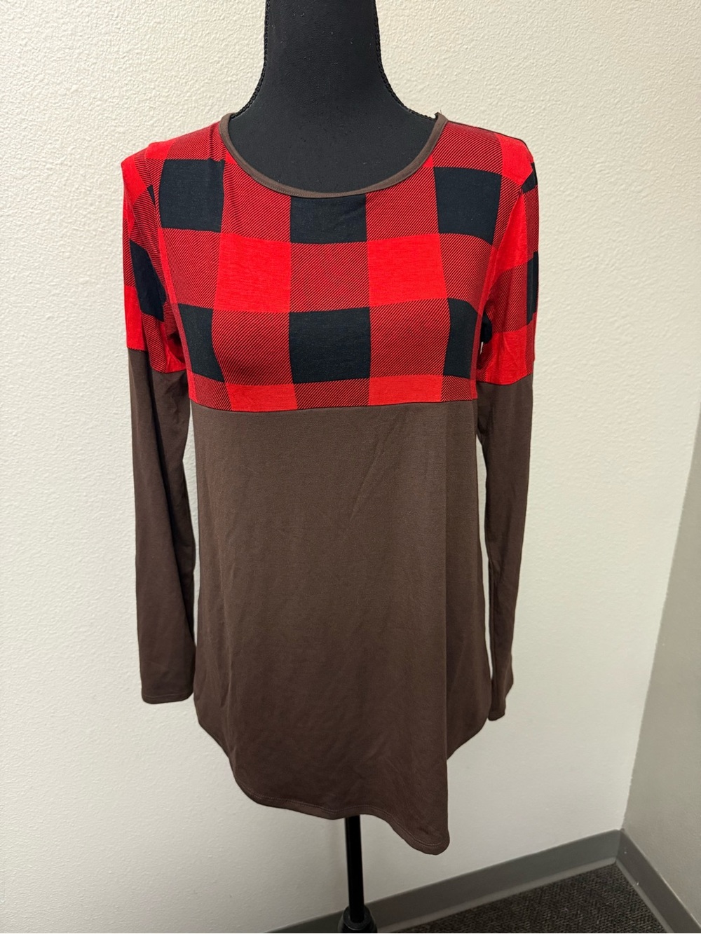 Zenana Buffalo Plaid Color Block Long Sleeve Top Small Rustic Fall Cozy Tee - Picture 2 of 7